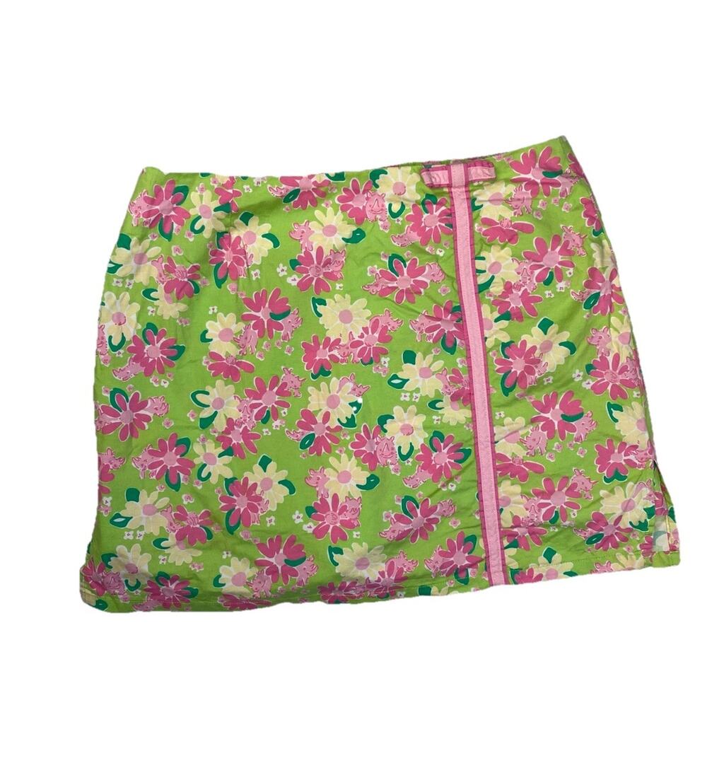 LILLY PULITZER Skort Womens 0 Y2K Green & Pink Floral Hide and Seek Rhino Skirt